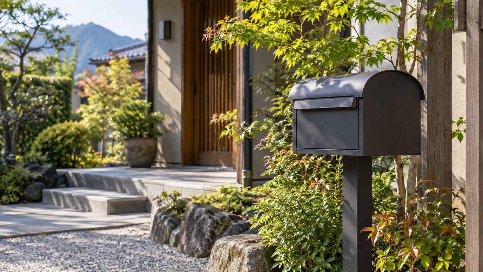 和風の玄関前の植え込みの中に立つ黒い郵便受け
