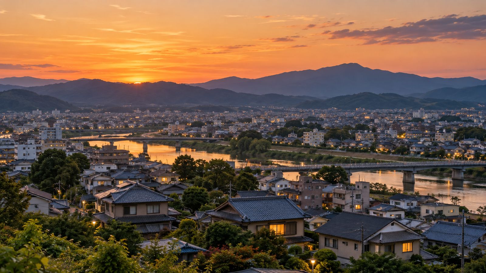 夕焼けの空の下、川と橋がある住宅街の夕景