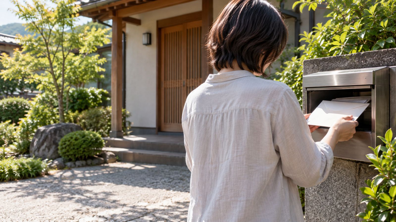 和風の戸建ての前で郵便受けの封筒に手をかける後ろ姿