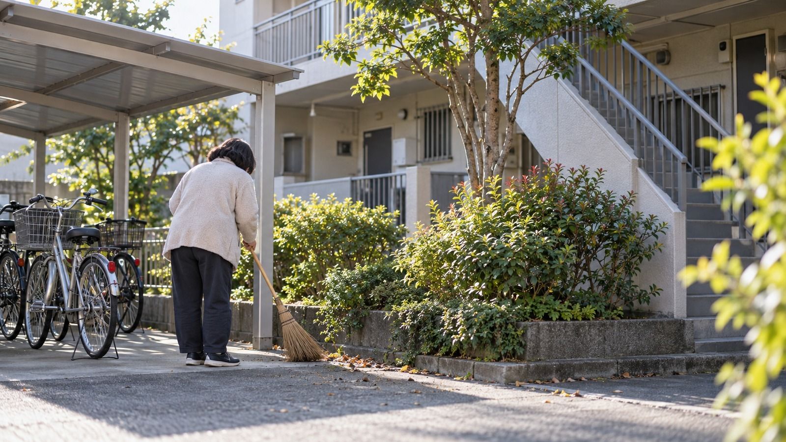 アパート前の駐輪場を掃く人の後ろ姿