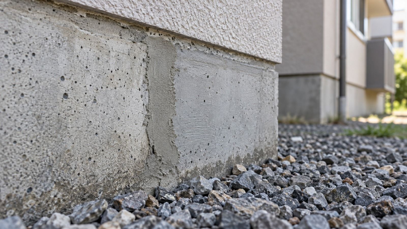 補修の跡が残るコンクリートの基礎のアップ