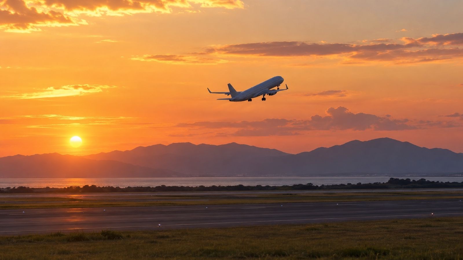 夕焼けの空を上昇していく旅客機