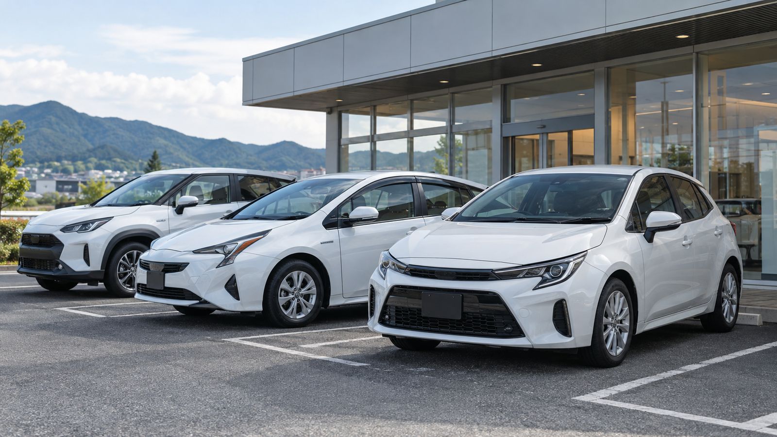 営業所の前に並ぶ白い乗用車
