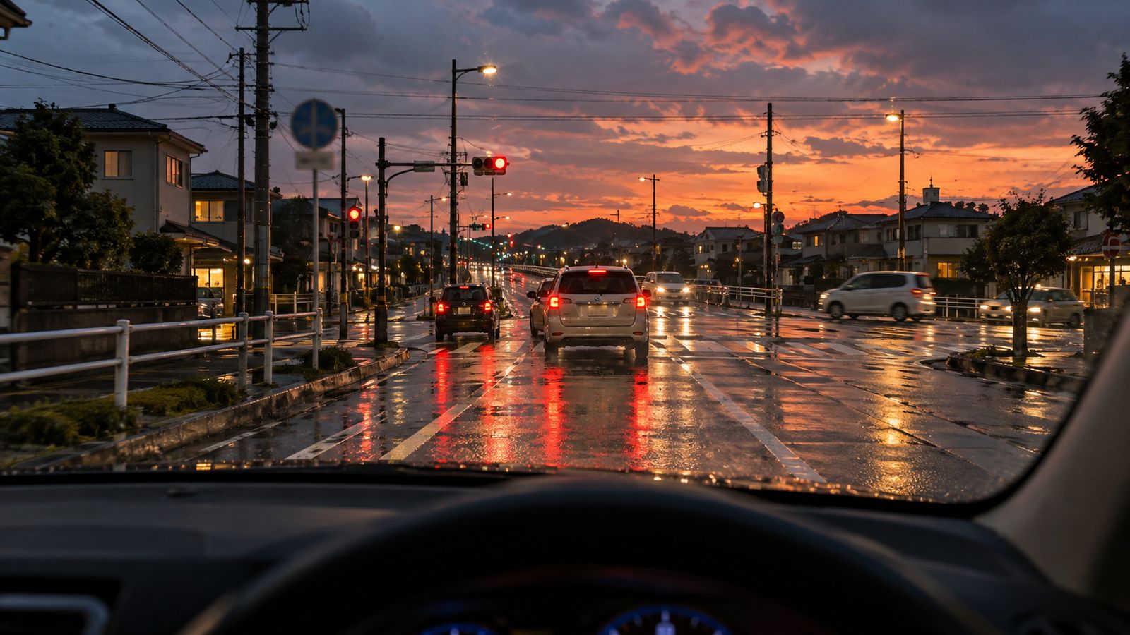 運転席から見た夕方の交差点