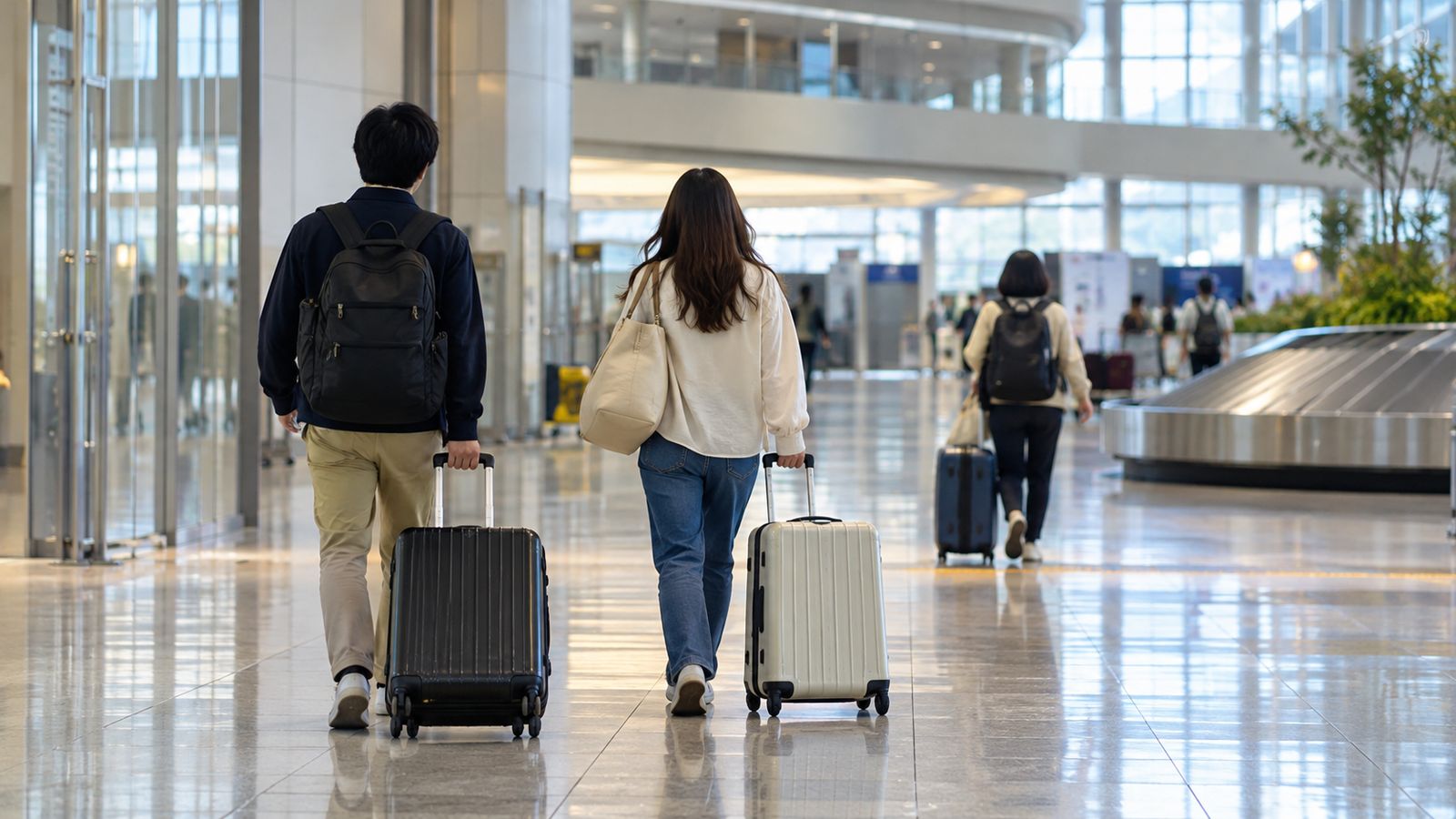 空港のロビーをスーツケースを引いて歩く2人連れと手荷物受取台