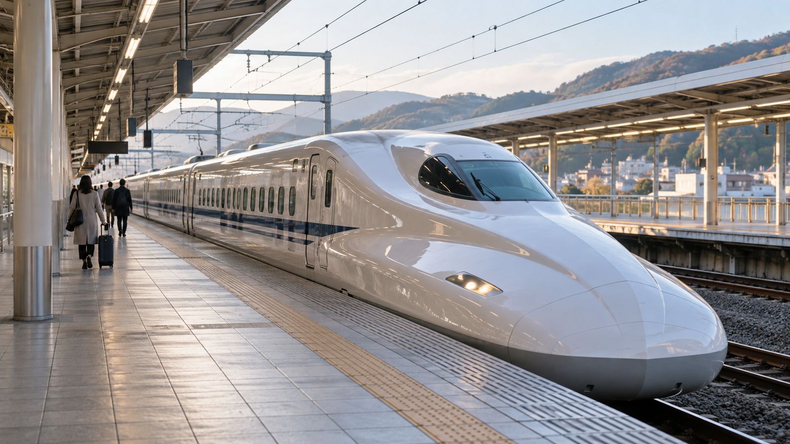 ホームに停車中の新幹線と荷物を引いて歩く人