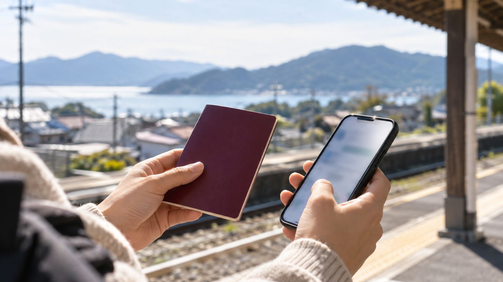 駅のホームで海を背にパスポートとスマートフォンを持つ手元