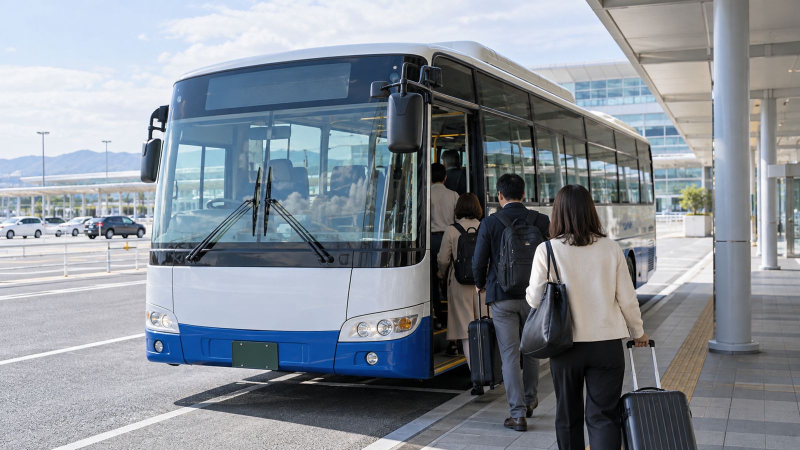 空港前の乗り場でバスに乗り込む荷物を持った人たち