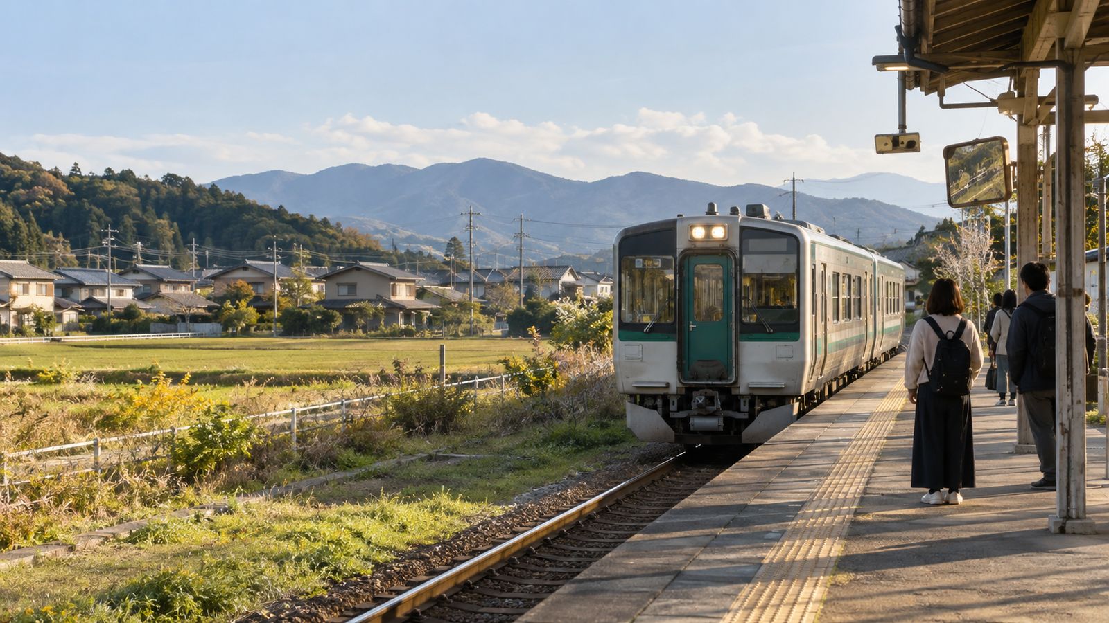 田んぼと山を背に駅のホームへ入る緑の帯の列車