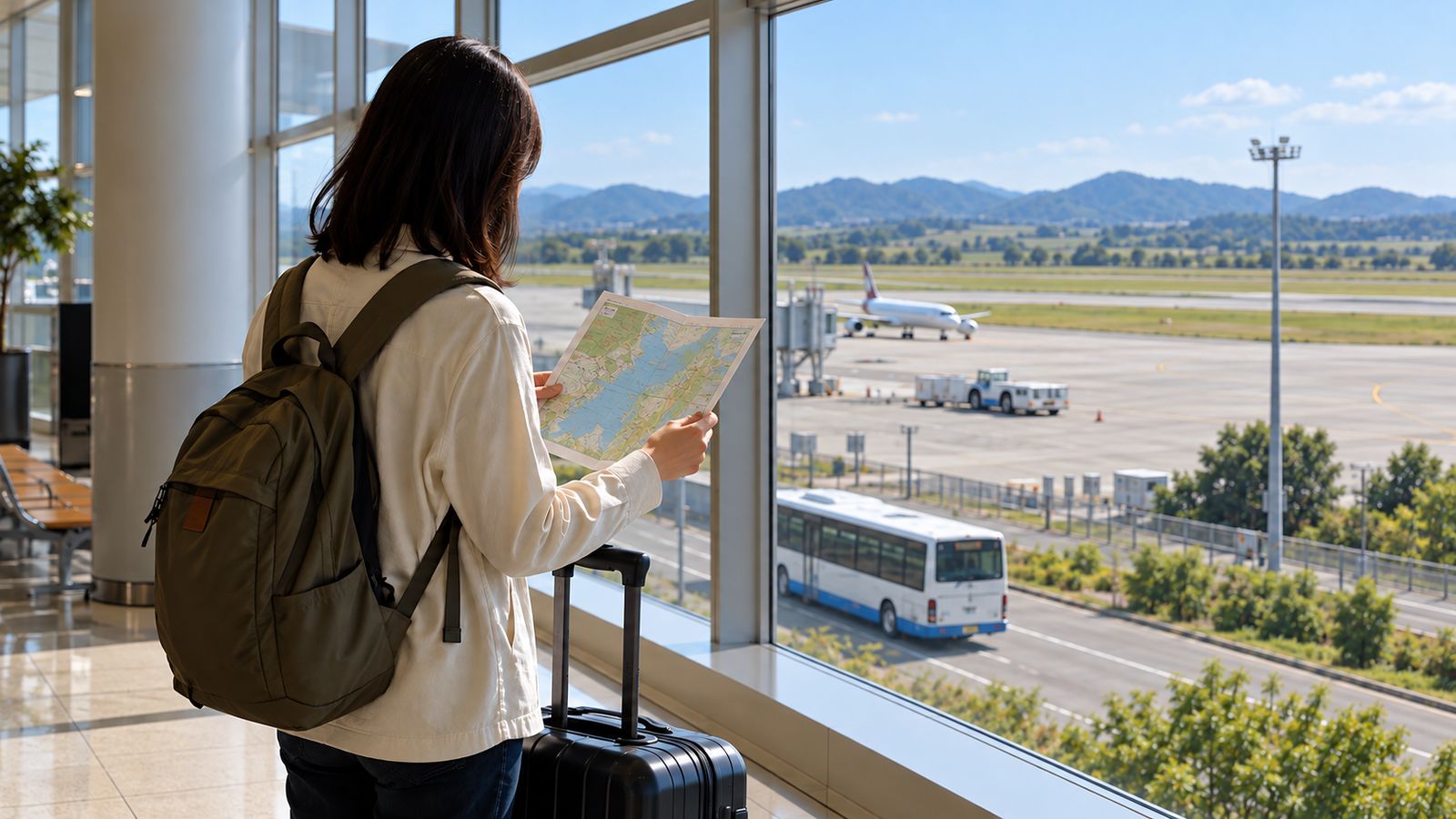 窓越しに飛行機とバスが見える空港で地図を広げる人