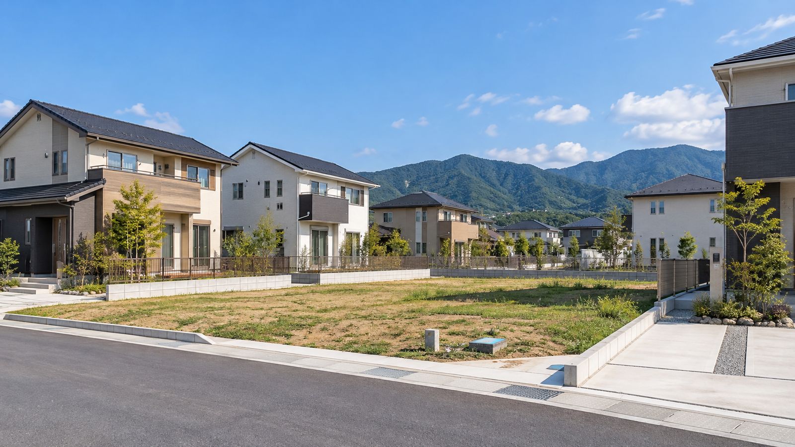戸建てが並ぶ住宅地の中の空き地と山並み
