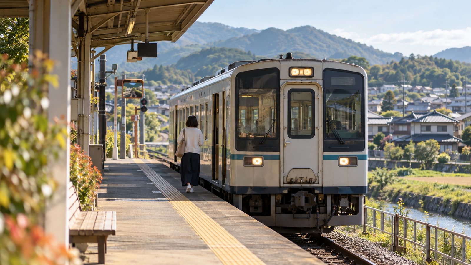 山あいの駅のホームに停まる列車と歩く人の後ろ姿