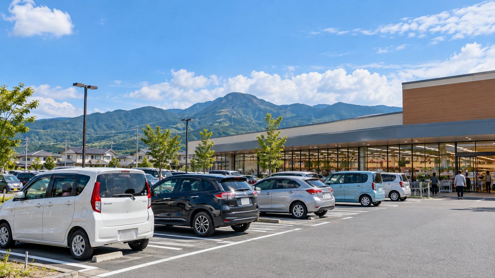 山を背にしたスーパーの駐車場と並ぶ車
