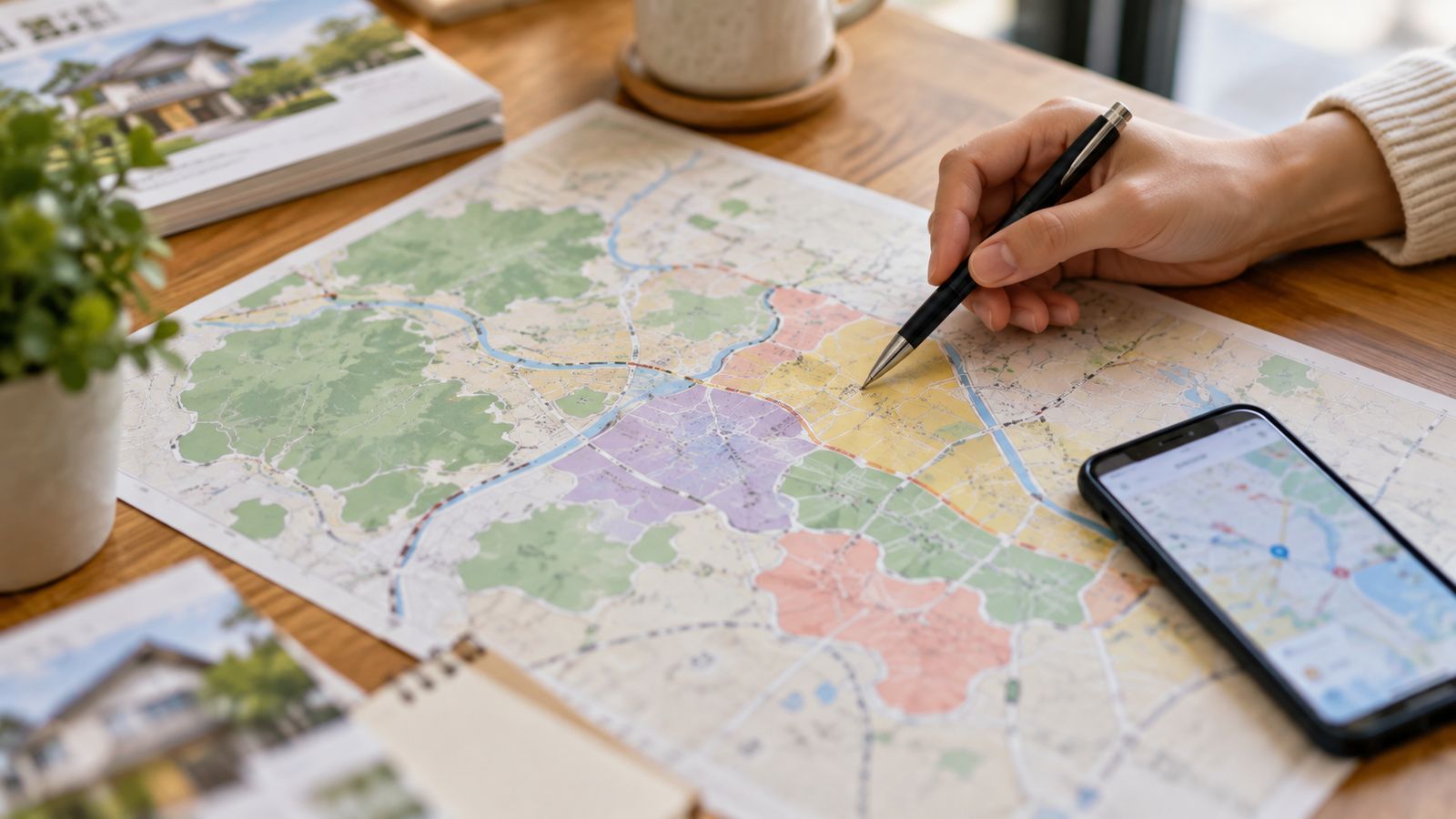 色分けされた地図にペンを当てる手元とスマートフォンの地図
